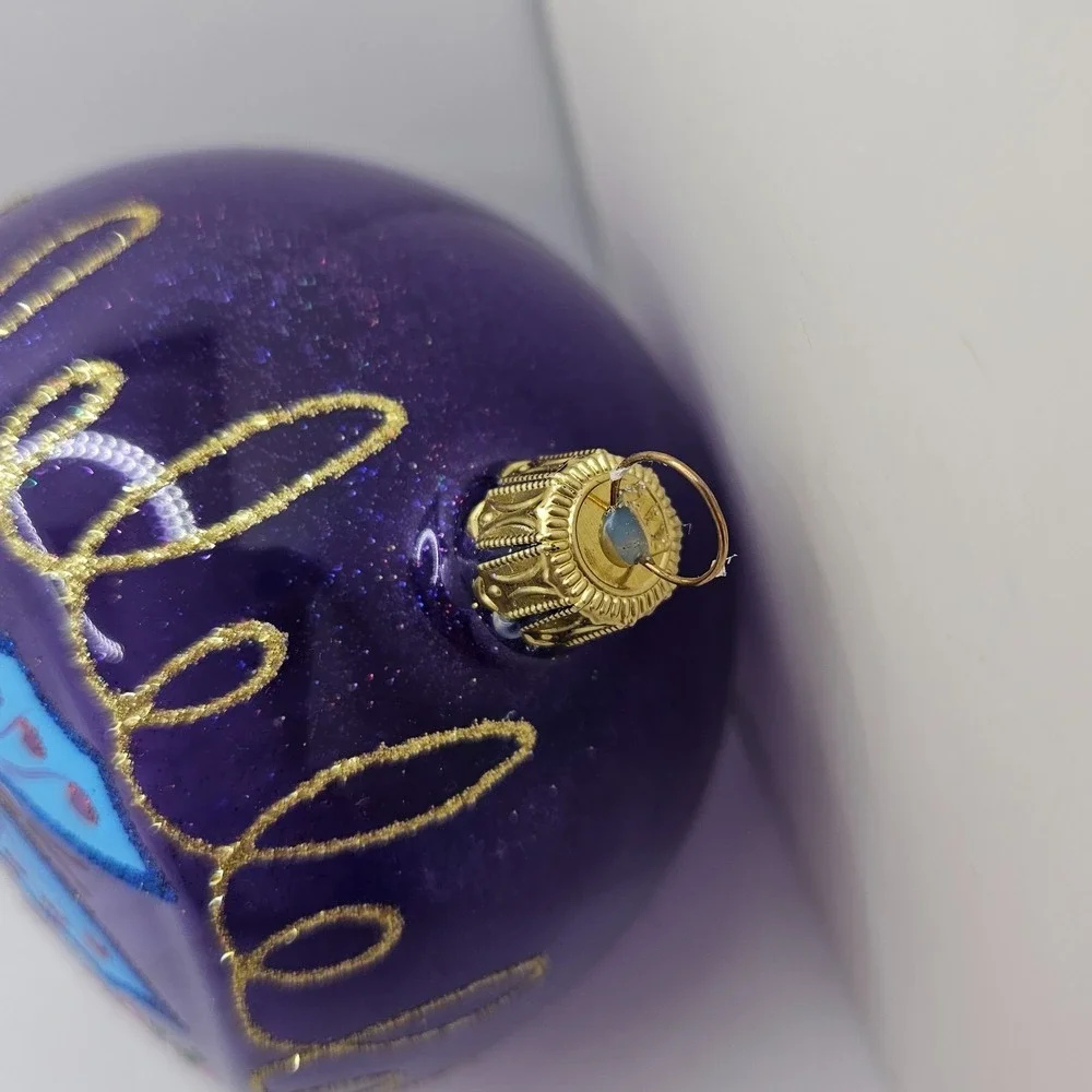 Vintage Hand Painted Glass Christmas Ornament Purple Butterfly Floral Glitter 4